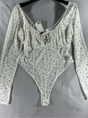 Sheer Floral print Tie-Front Long Sleeve Bodysuit thong sexy sweet festival